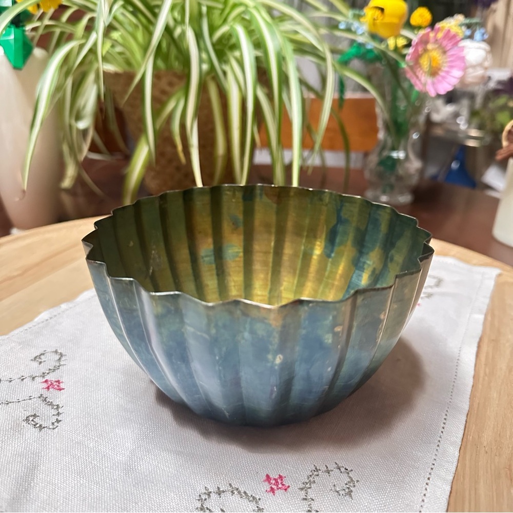 accent decor monarch bowl with green patina pressed metal